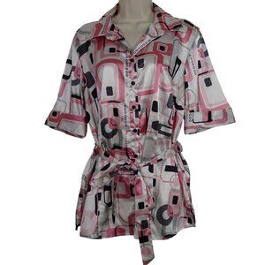 Cato Retro Print Satin Look Button Up Top Women Size 14W 16W Belted FLAW